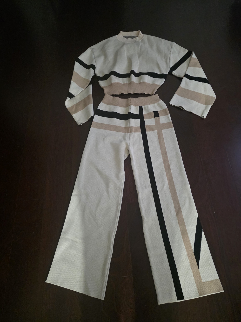 Striped Knit Wide-Leg Pants in Cream and Tan